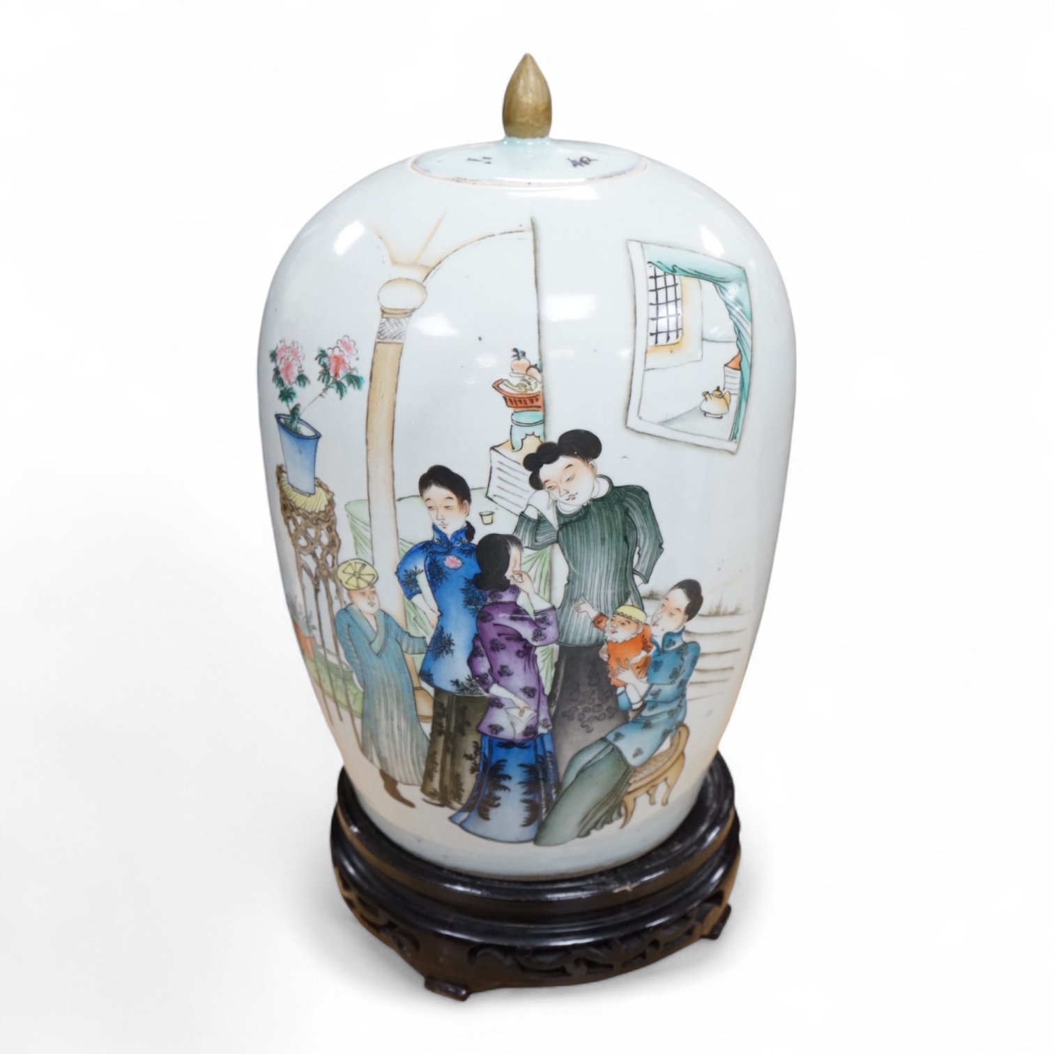 An early 20th century Chinese famille rose jar and cover on stand., 33cm high not including stand. Condition - good